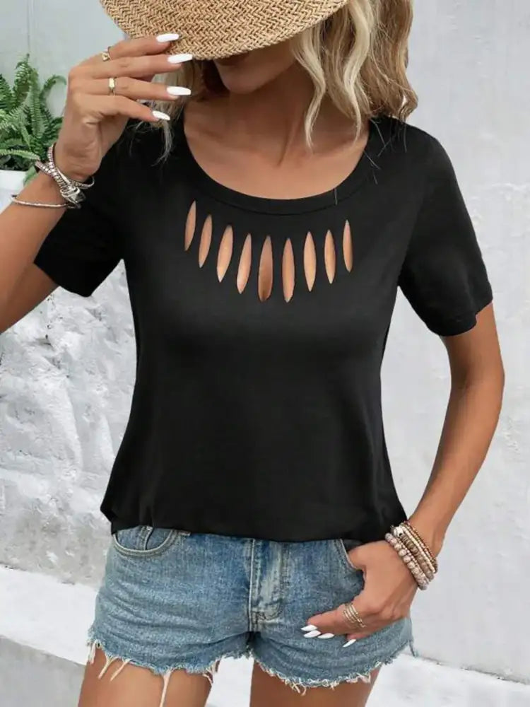 Hollow Out Neckline Short Sleeve T-Shirt