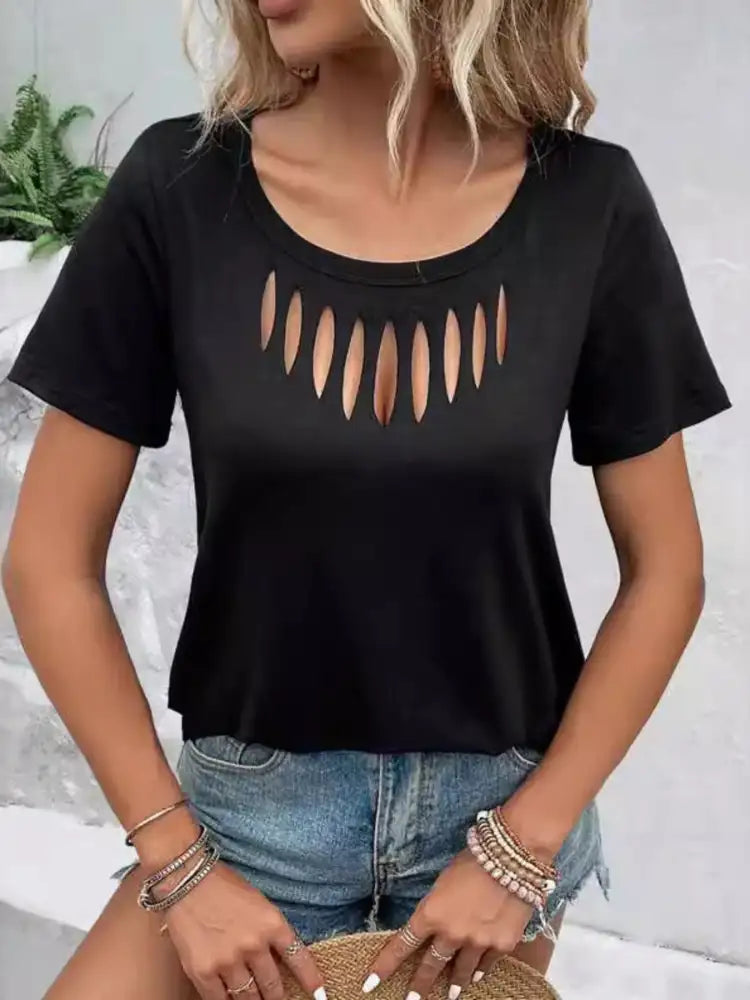 Hollow Out Neckline Short Sleeve T-Shirt