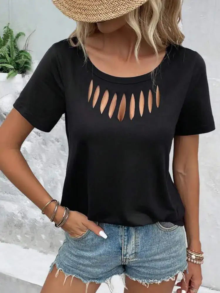 Hollow Out Neckline Short Sleeve T-Shirt