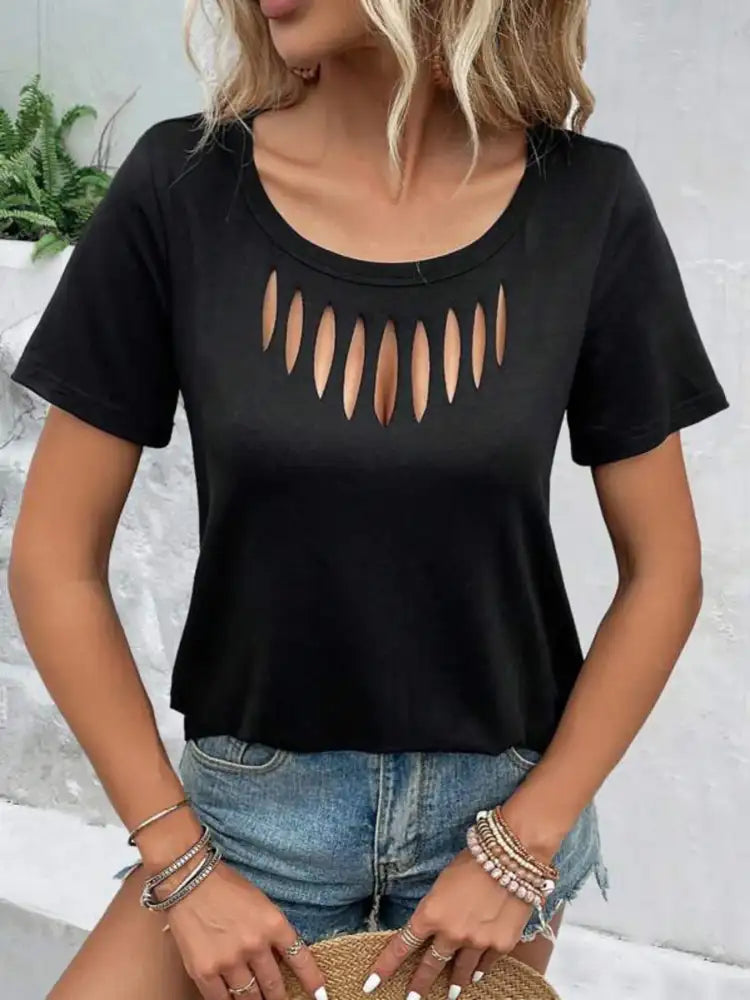 Hollow Out Neckline Short Sleeve T-Shirt