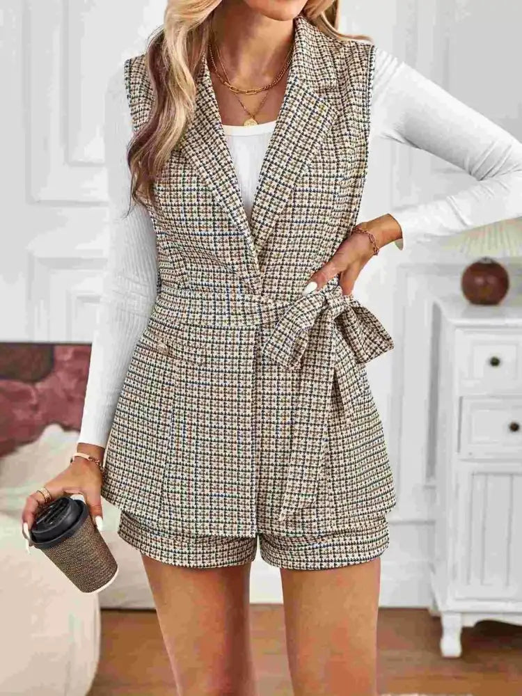 Houndstooth Lapel Collar Vest Coat and Shorts Set