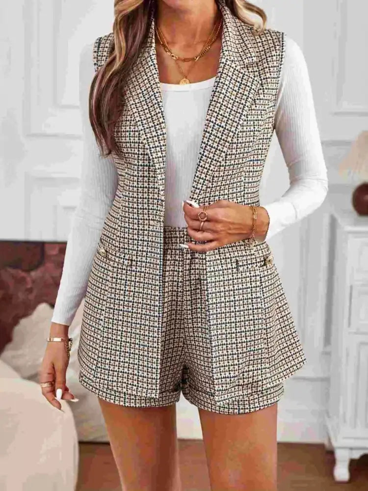 Houndstooth Lapel Collar Vest Coat and Shorts Set