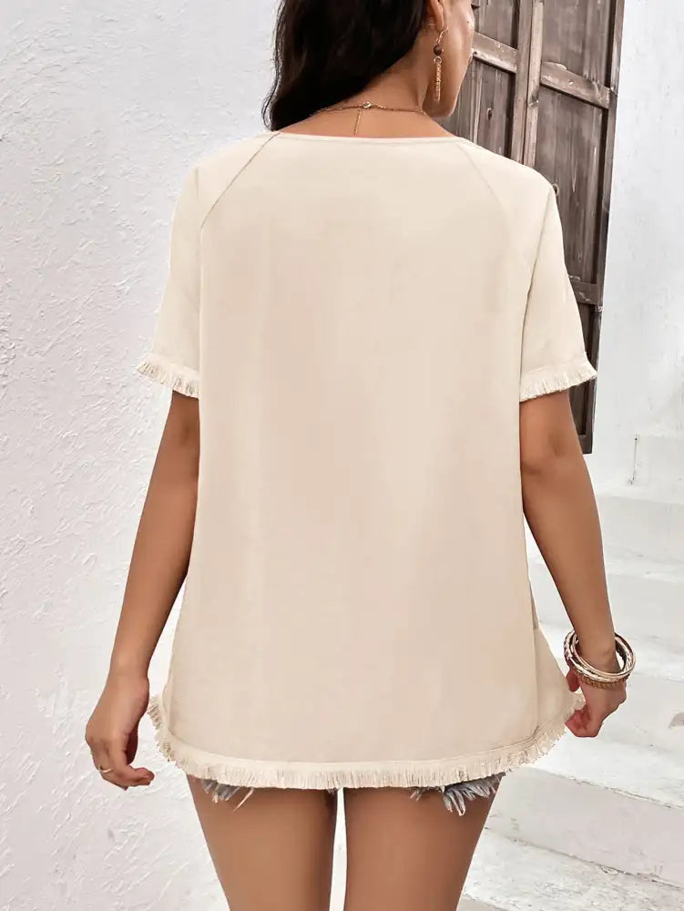 Ivy Lane Round Neck Raglan Sleeve Fringe Detail Top