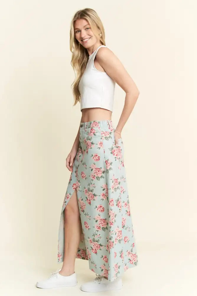 Jade By Jane Full Size Floral Print Front Slit Denim Maxi Skirt Plus