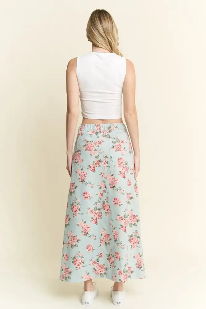 Jade By Jane Full Size Floral Print Front Slit Denim Maxi Skirt Plus
