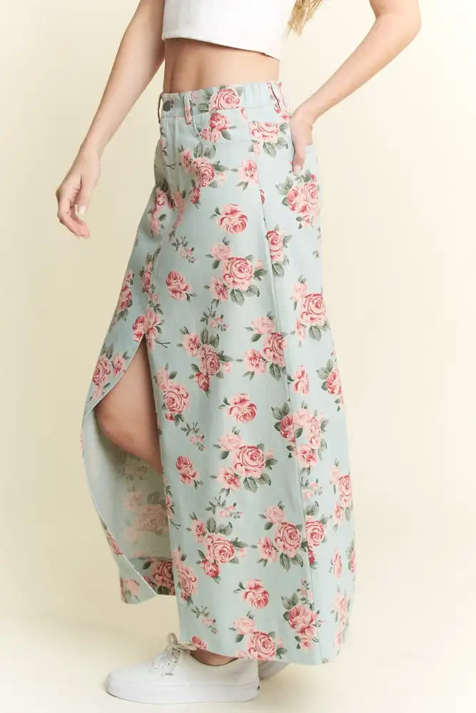 Jade By Jane Full Size Floral Print Front Slit Denim Maxi Skirt Plus