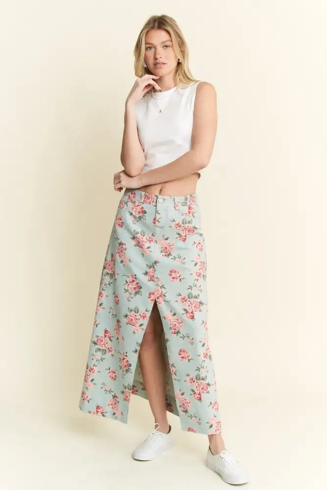 Jade By Jane Full Size Floral Print Front Slit Denim Maxi Skirt Plus