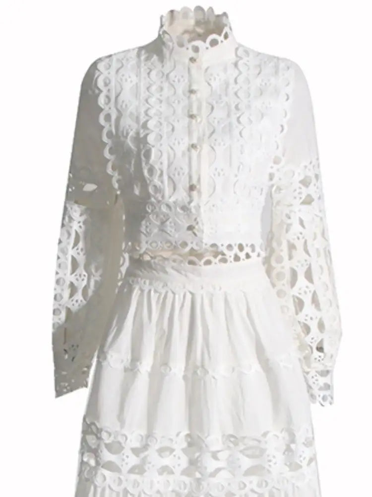 Lace Button Up Long Sleeve Top and Skirt Set