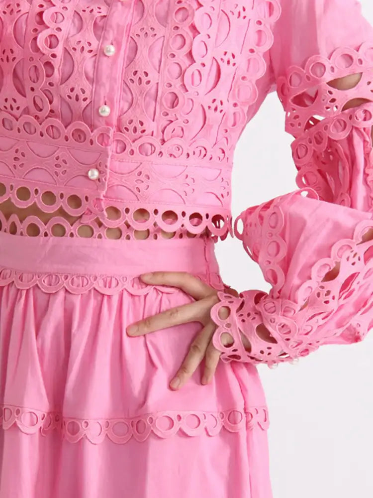 Lace Button Up Long Sleeve Top and Skirt Set