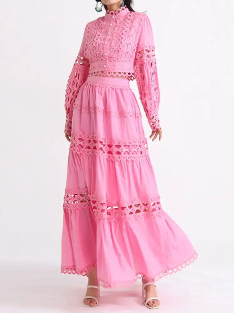 Lace Button Up Long Sleeve Top and Skirt Set