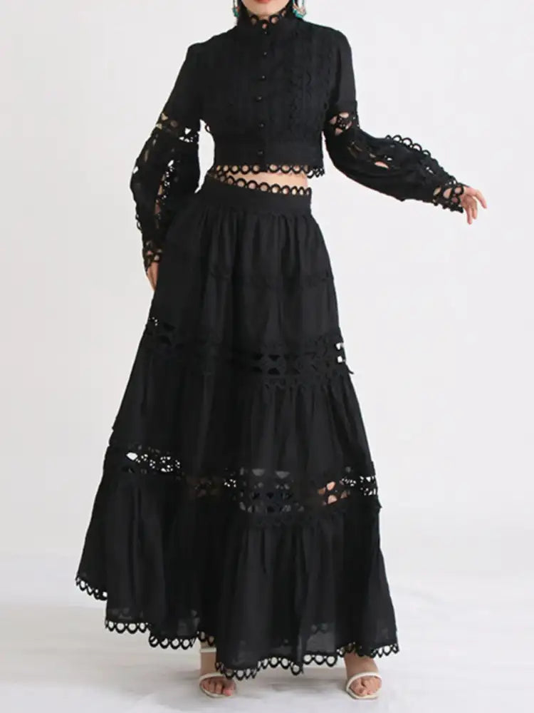 Lace Button Up Long Sleeve Top and Skirt Set