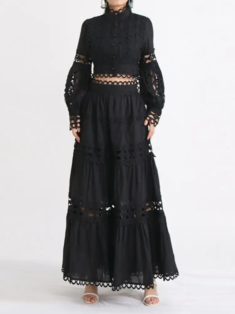 Lace Button Up Long Sleeve Top and Skirt Set