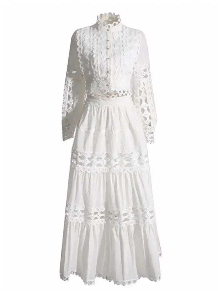 Lace Button Up Long Sleeve Top and Skirt Set