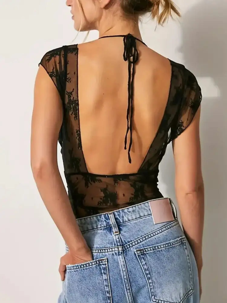 Lace Cap Sleeve Ruched T-Shirt