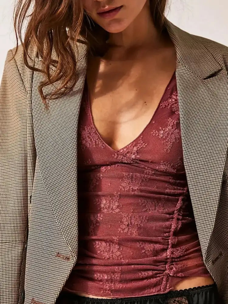 Lace Cap Sleeve Ruched T-Shirt