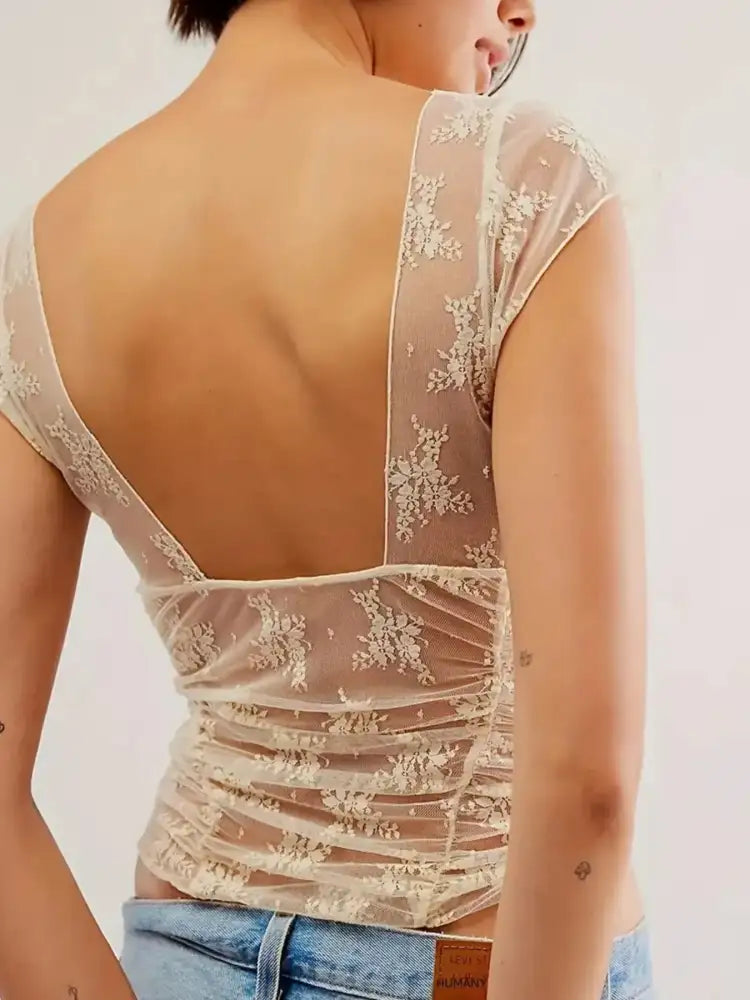 Lace Cap Sleeve Ruched T-Shirt