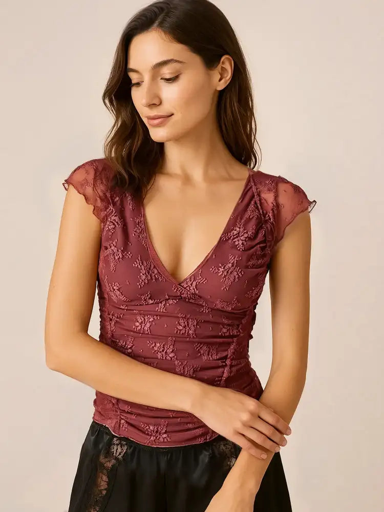 Lace Cap Sleeve Ruched T-Shirt