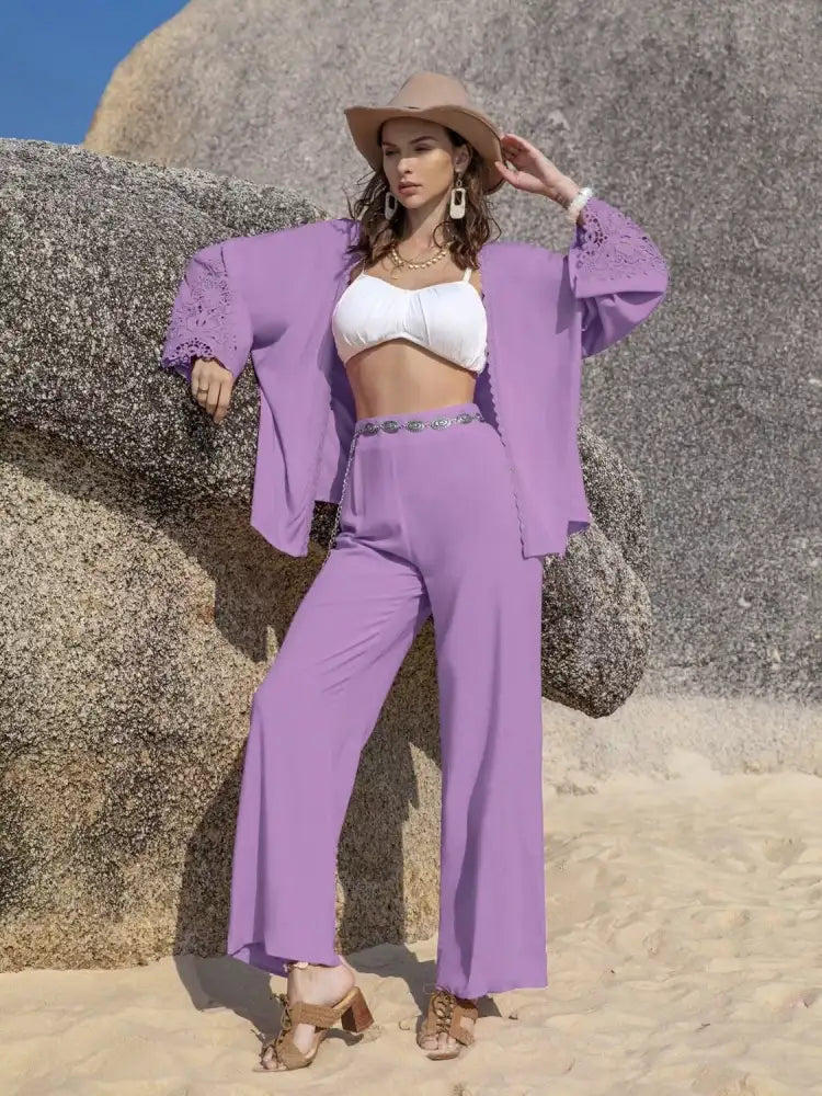 Lace Detail Open Front Cover Up and Pants Set