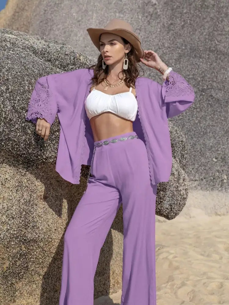 Lace Detail Open Front Cover Up and Pants Set