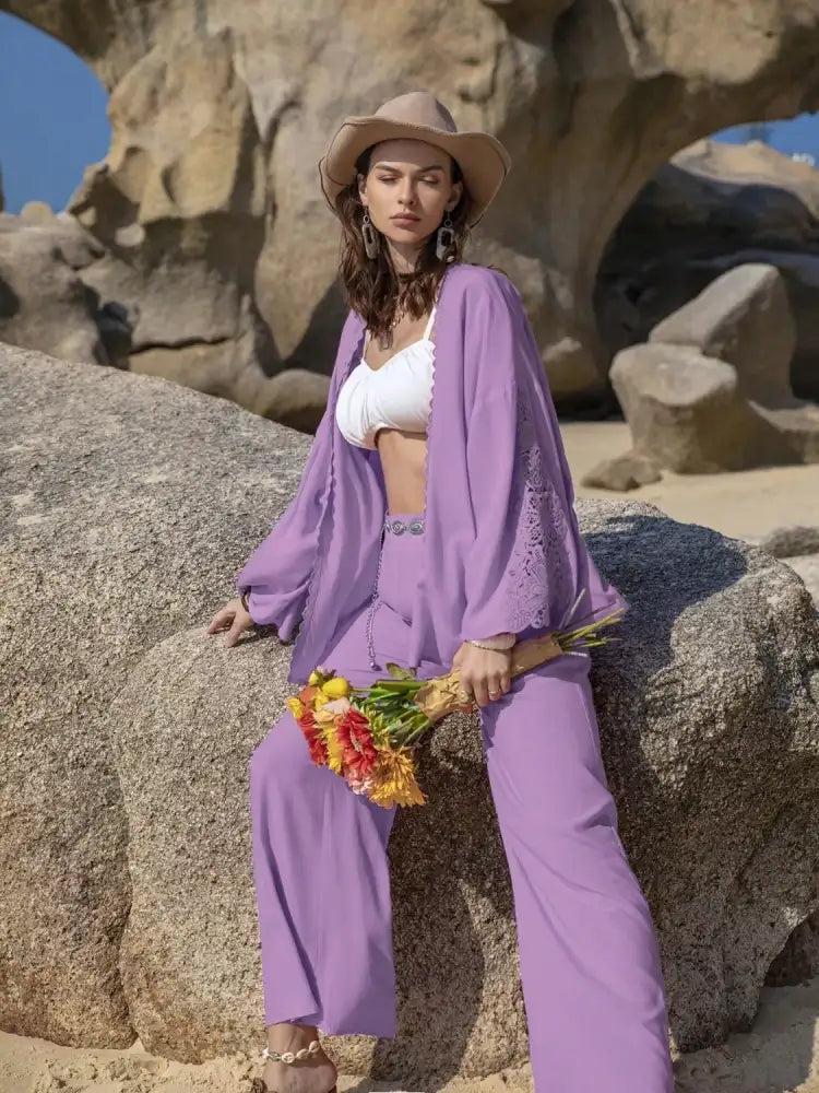 Lace Detail Open Front Cover Up and Pants Set