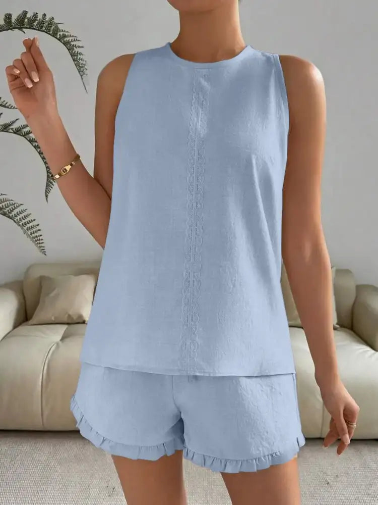 Lace Detail Round Neck Tank and Shorts Set