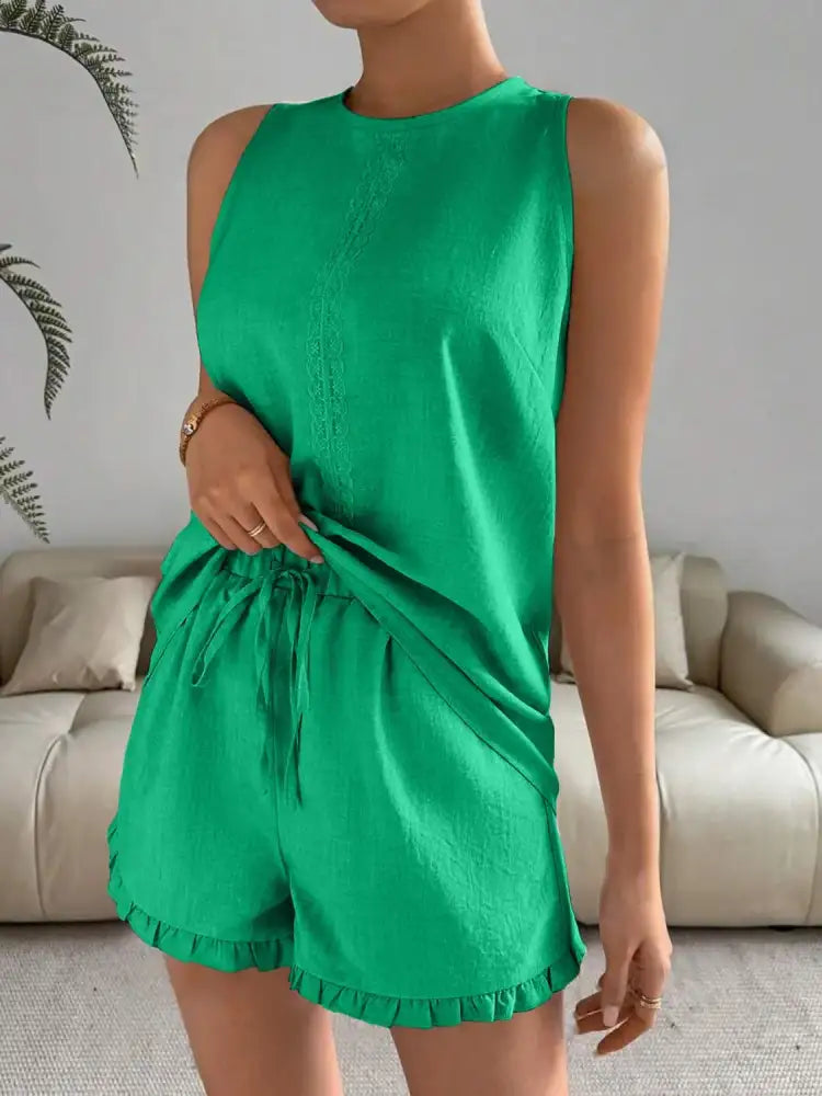 Lace Detail Round Neck Tank and Shorts Set