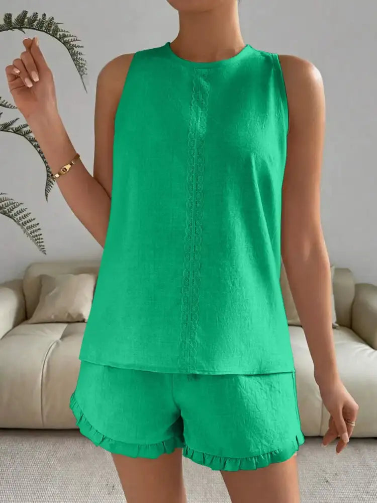 Lace Detail Round Neck Tank and Shorts Set