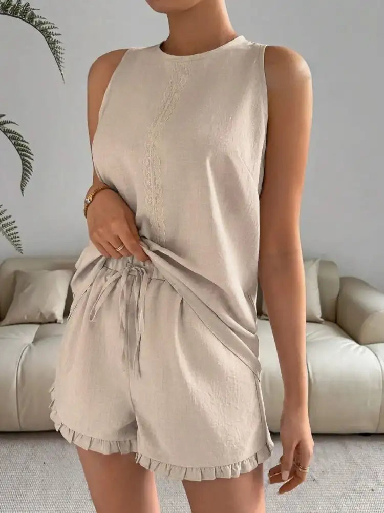 Lace Detail Round Neck Tank and Shorts Set