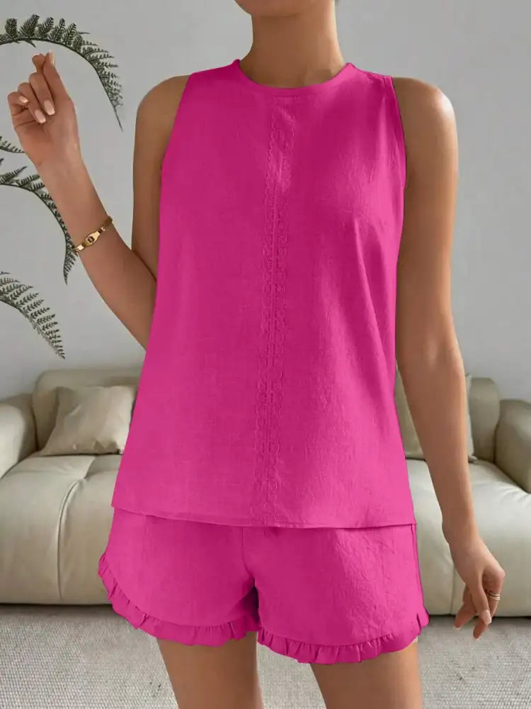 Lace Detail Round Neck Tank and Shorts Set