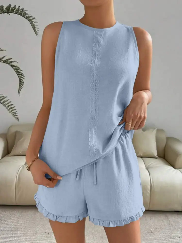 Lace Detail Round Neck Tank and Shorts Set