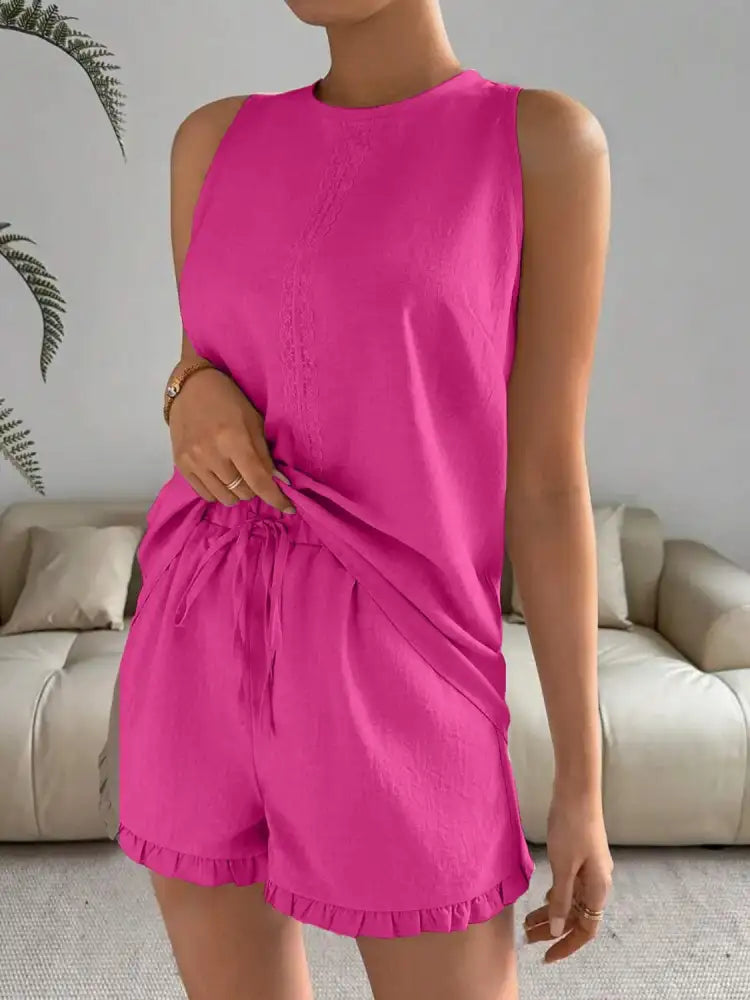 Lace Detail Round Neck Tank and Shorts Set