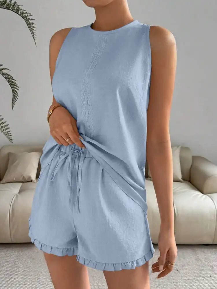 Lace Detail Round Neck Tank and Shorts Set