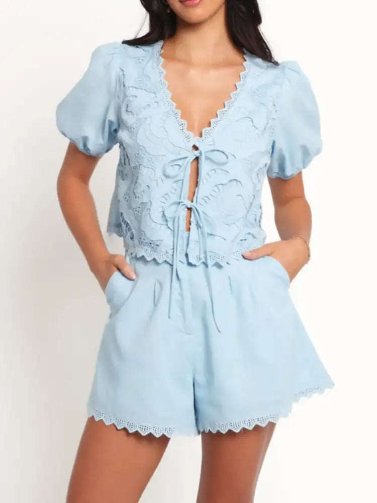 Lace Detail V-Neck Top and Shorts Set