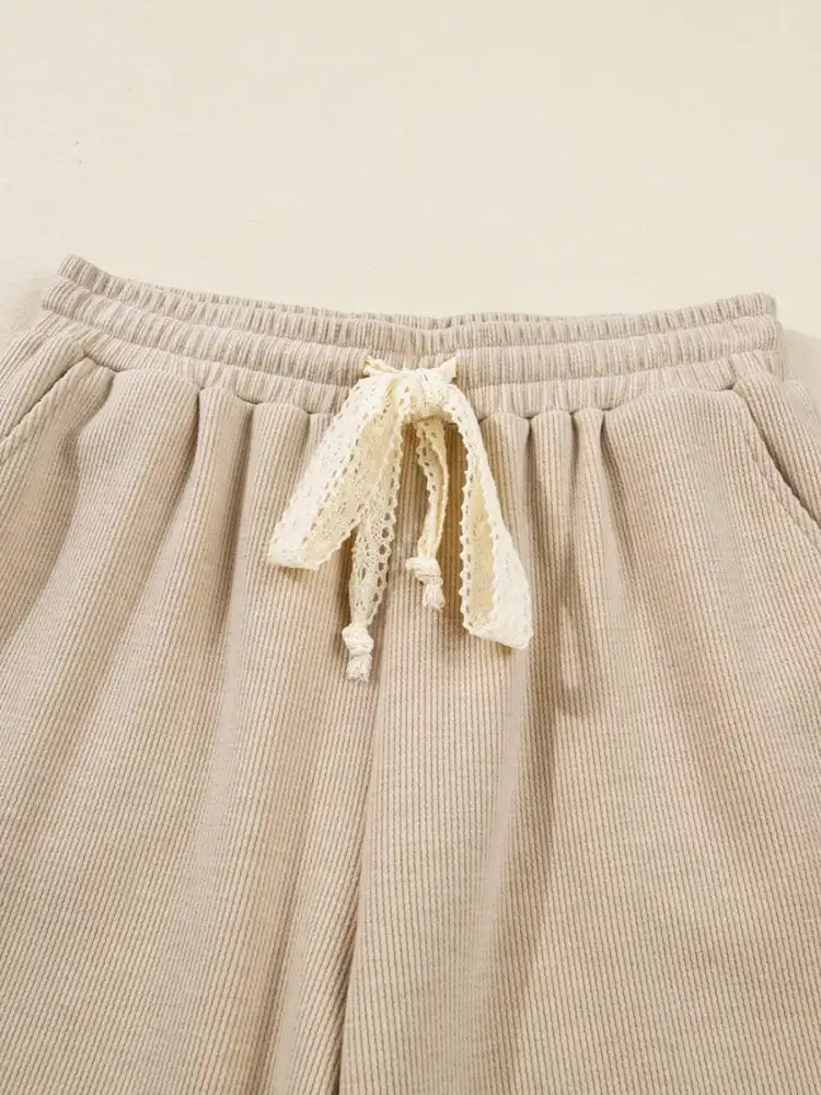 Lace Drawstring Hoodie and High Waist Pants Corduroy Suit