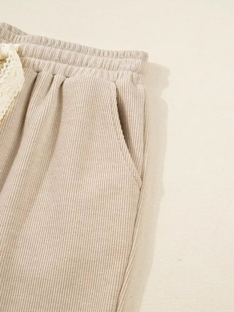 Lace Drawstring Hoodie and High Waist Pants Corduroy Suit