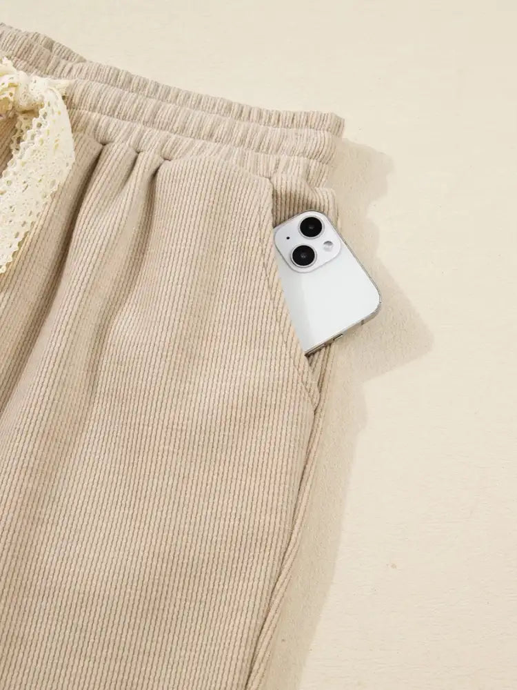 Lace Drawstring Hoodie and High Waist Pants Corduroy Suit