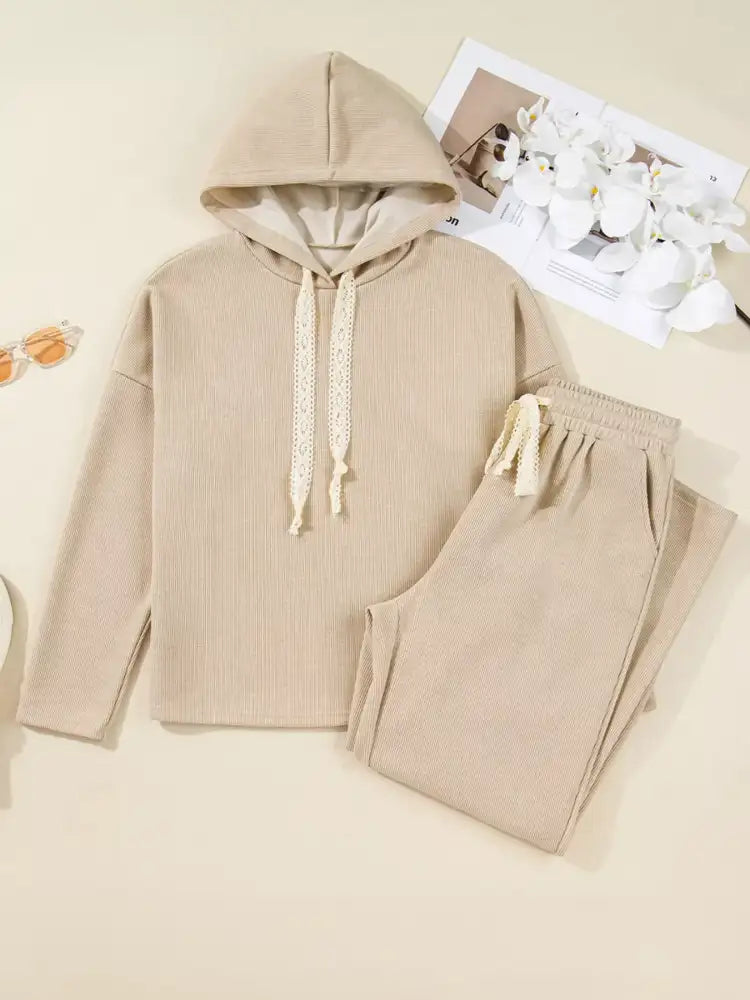 Lace Drawstring Hoodie and High Waist Pants Corduroy Suit