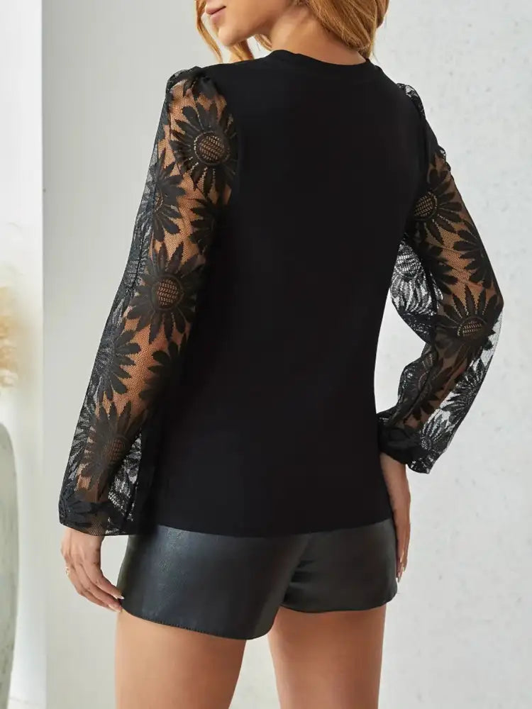 Lace Long Sleeve Round Neck Blouse