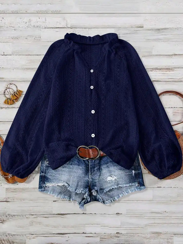 Lace Notched Long Sleeve Shirt