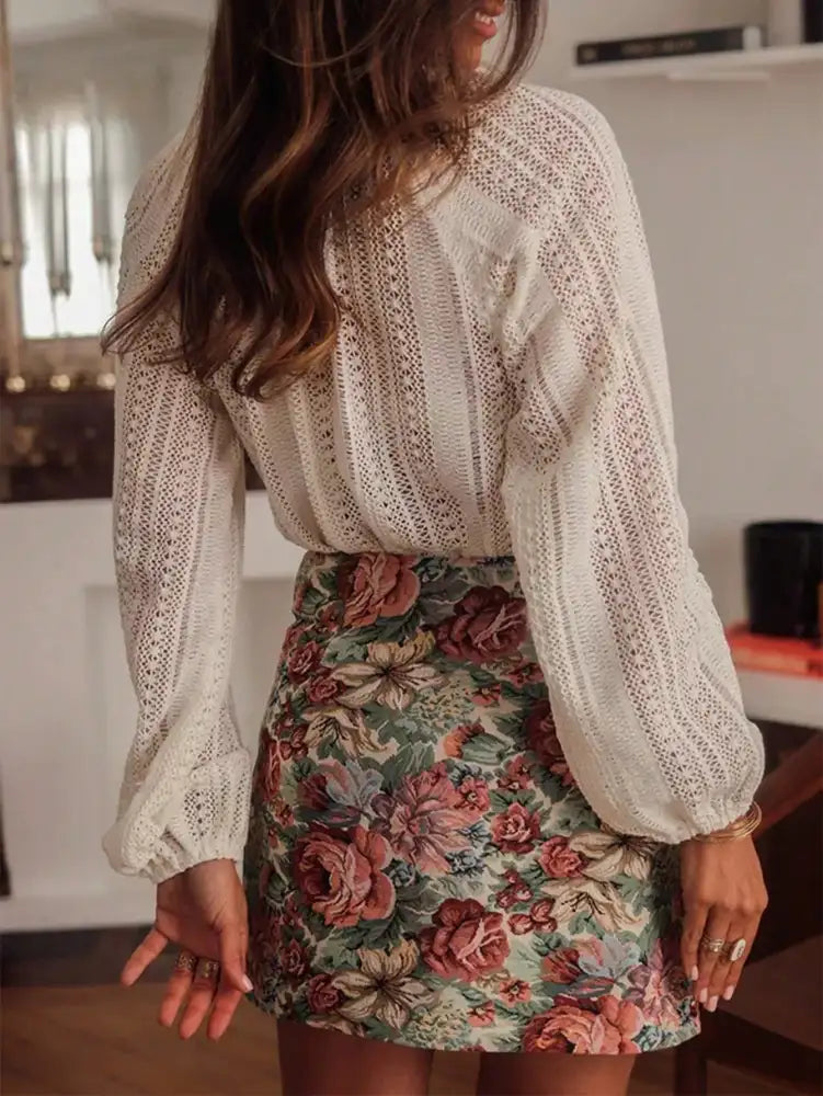 Lace Notched Long Sleeve Shirt