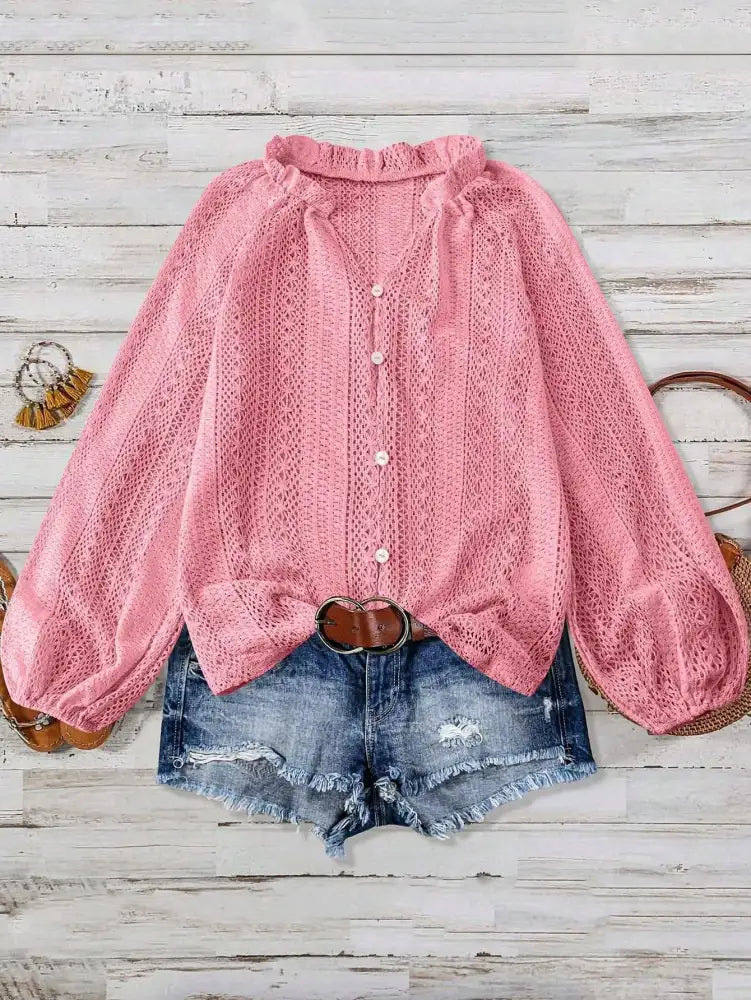 Lace Notched Long Sleeve Shirt