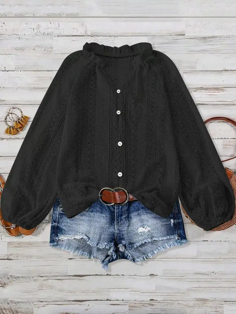Lace Notched Long Sleeve Shirt