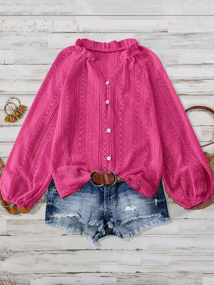 Lace Notched Long Sleeve Shirt