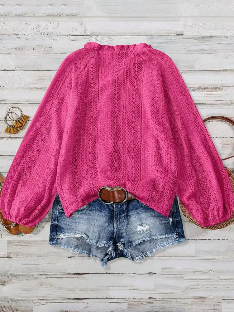 Lace Notched Long Sleeve Shirt