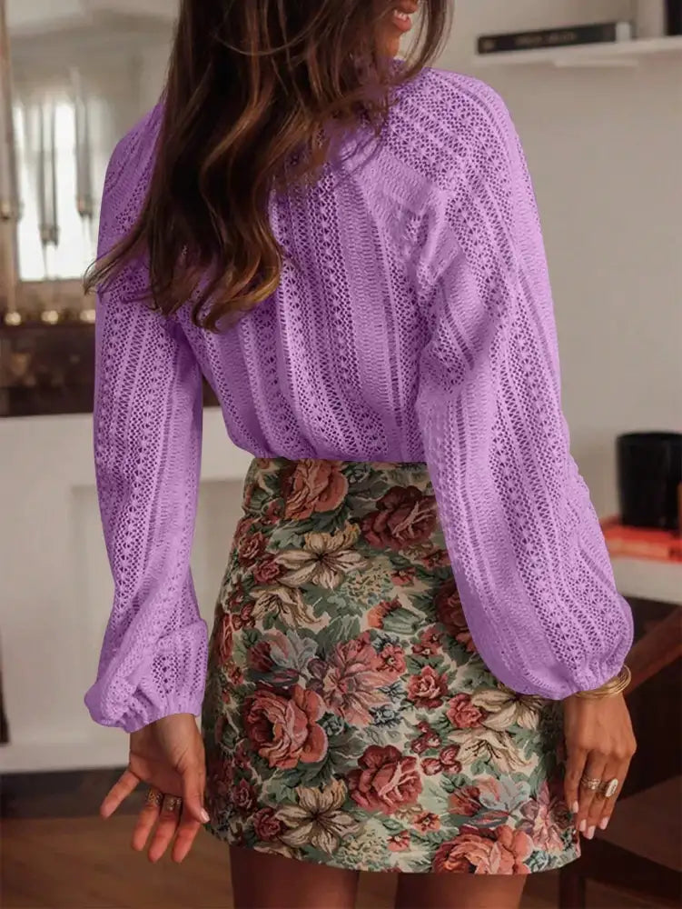 Lace Notched Long Sleeve Shirt