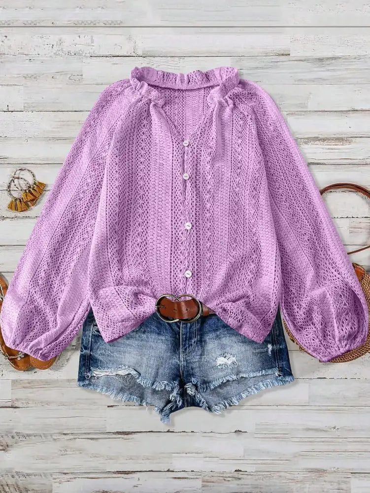 Lace Notched Long Sleeve Shirt