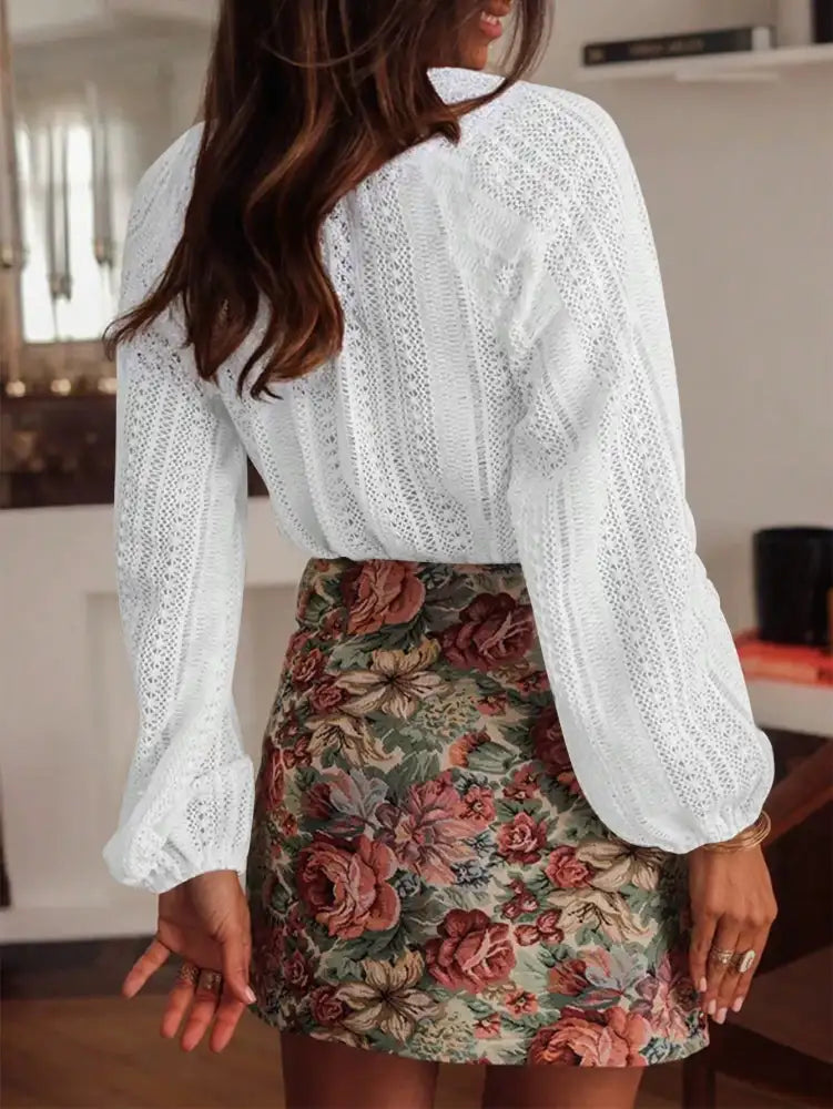 Lace Notched Long Sleeve Shirt
