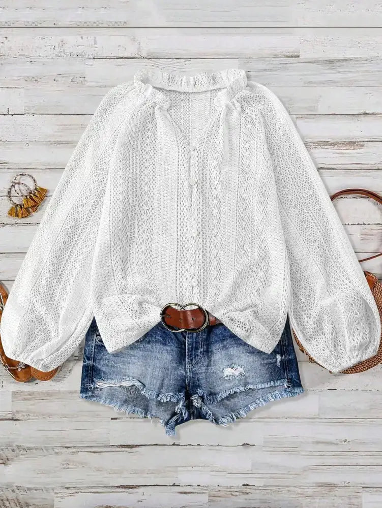 Lace Notched Long Sleeve Shirt