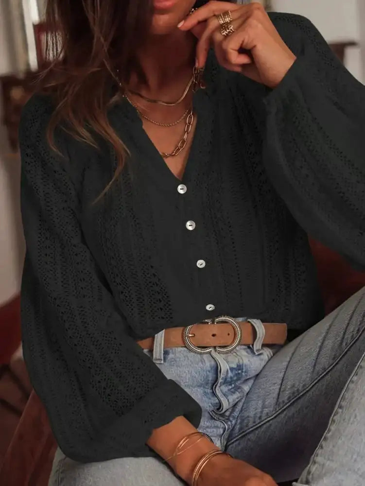 Lace Notched Long Sleeve Shirt