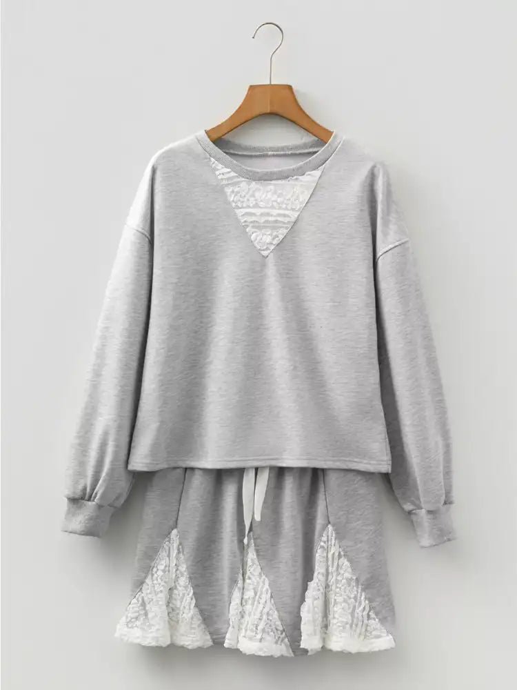 Lace Patchwork Drop Shoulder Top and Drawstring Skort 2pcs Outfit